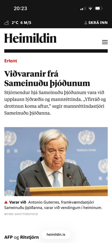 Heimildin UN Vidvaranir Antonio Guterres